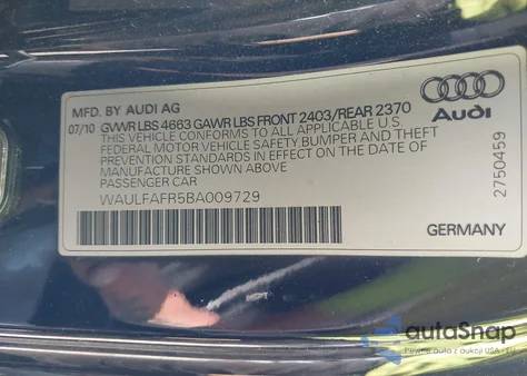 2011 Audi A5 2.0T Premium from USA, damaged, VIN WAULFAFR5BA009729
